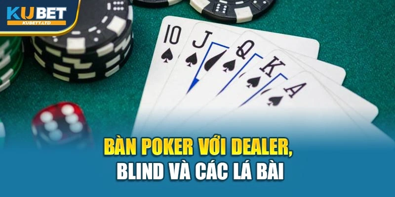 Bàn Poker với Dealer, Blind và các lá bài